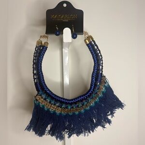 Makarlon Navy Gold Statement Necklace Beaded Fringe Tassel Boho